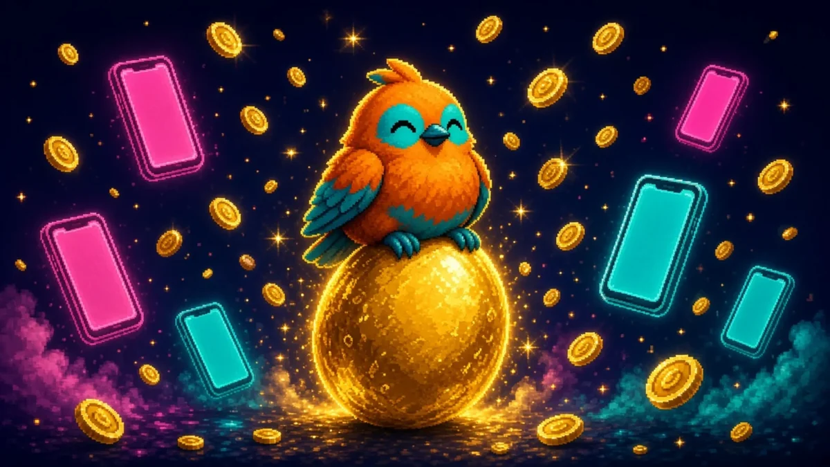 Stylized pixel bird sitting on a glowing golden egg surrounded by phones and gold coins, symbolizing success in hyper-casual games.