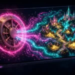 Smartphone screen with a glowing vault door streaming light into a miniature fantasy game world, illustrating a cloud wallet mobile SDK for Unity games.
