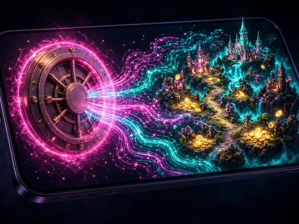 Smartphone screen with a glowing vault door streaming light into a miniature fantasy game world, illustrating a cloud wallet mobile SDK for Unity games.