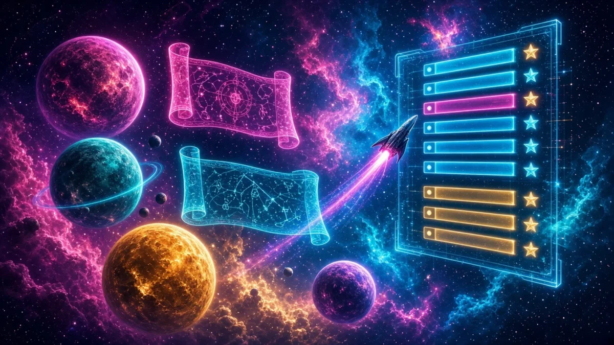Alien planets with holographic lore scrolls and a glowing space leaderboard, depicting Milky Way Miner's expansion into Alien Worlds lore and competition.