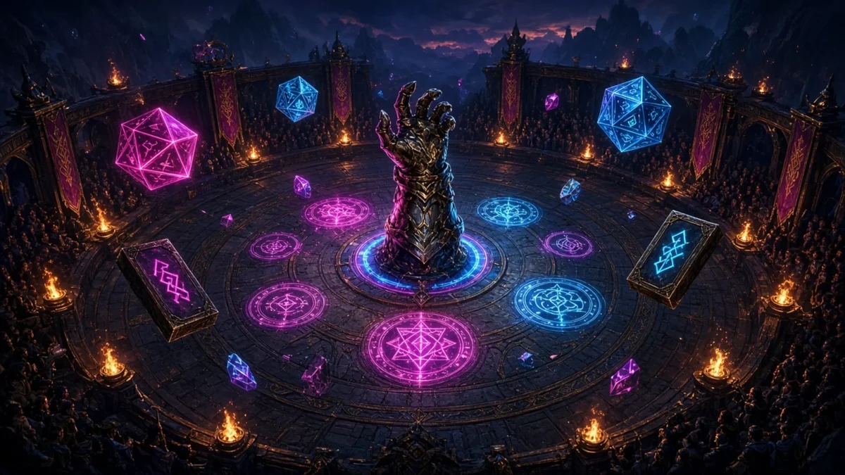 Armored gauntlet rising from a rune-lit fantasy arena with floating magic dice and cards, representing Soulkeep's daily tournament mode.