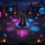 Armored gauntlet rising from a rune-lit fantasy arena with floating magic dice and cards, representing Soulkeep's daily tournament mode.