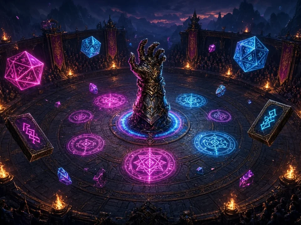 Armored gauntlet rising from a rune-lit fantasy arena with floating magic dice and cards, representing Soulkeep's daily tournament mode.