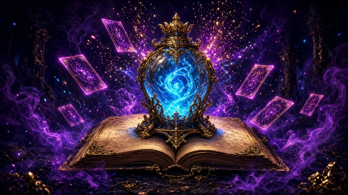 Ornate soul lantern with a swirling blue spirit on an open spellbook surrounded by floating magic cards, celebrating the Soulkeep release and demo.