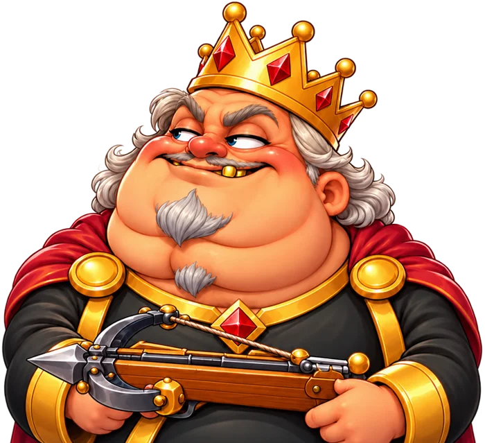 Double Coconut king mascot holding a crossbow